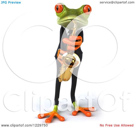 Clipart Of A 3d Green Springer Frog Playing A Saxophone In A Suit