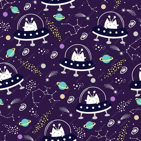 Premium Vector Seamless Pattern Kawaii Cute Cat In Spaceships Cartoon