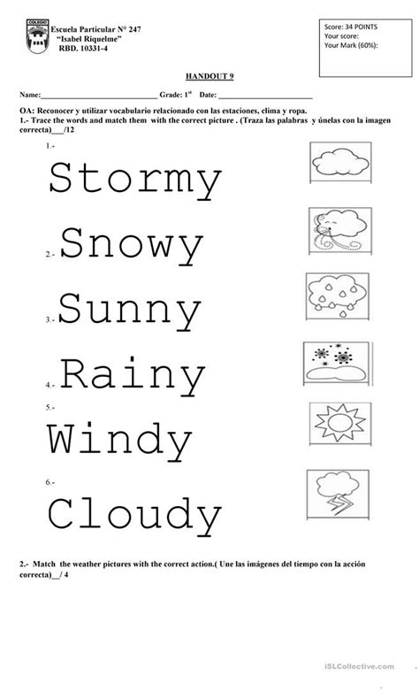 Weather 1st Grade English Esl Worksheets For Distance