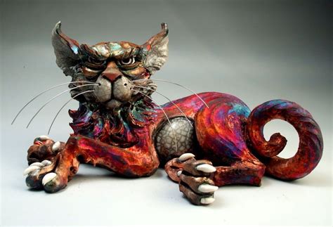 Raku Cat Sculpture Folk Art Ceramic Pottery By Face Jug Maker Mitchell