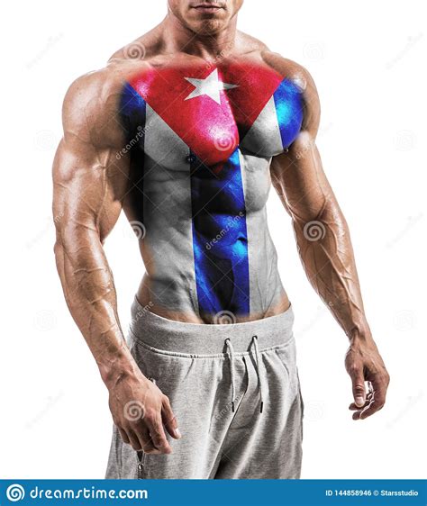 Shirtless Muscular Man With Cuba Flag Painted On Naked Chest Stock Photo Image Of Body