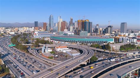 Cinematic Urban Aerial View Of Downtown Los Angeles Freeway