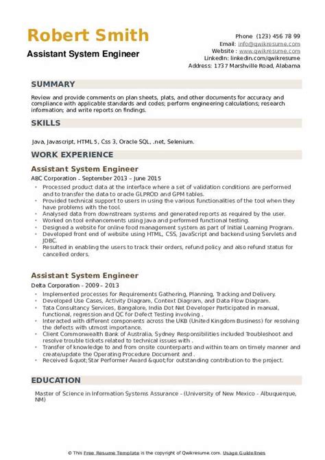 Find all types of job positions or industries in our collection. Assistant System Engineer Resume Samples | QwikResume