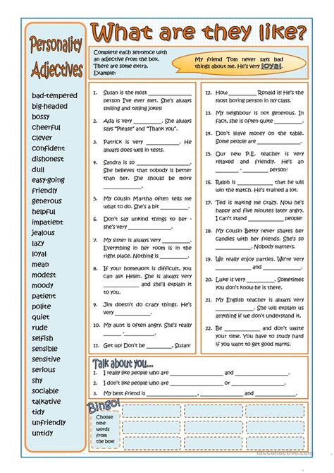 There are different ways we can use this word to describe a person. PERSONALITY ADJECTIVES - English ESL Worksheets for ...