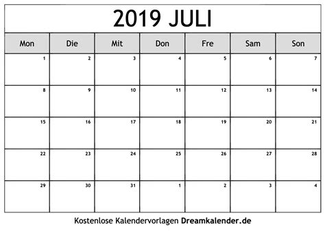 Kalender Juli 2019