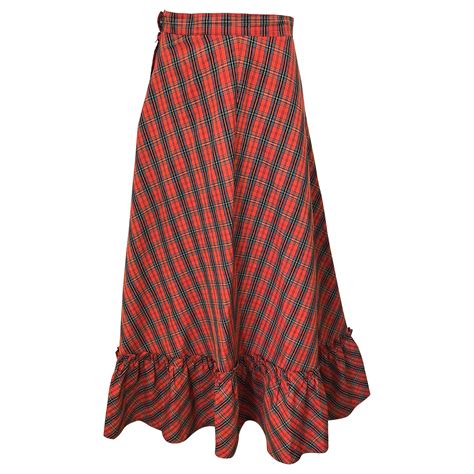 1970s Red Plaid Cotton Voile Ruffled Hem Vintage 70s Maxi Skirt For