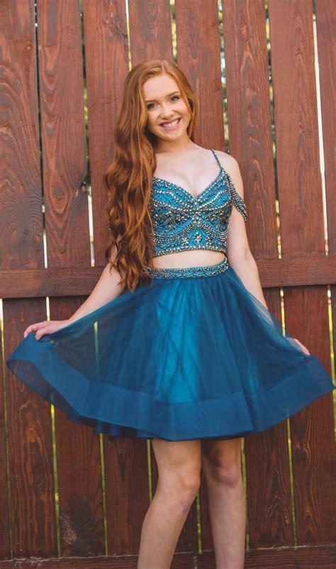 Two Piece Short Blue Beaded Homecoming Dress Teal Homecoming Dresses