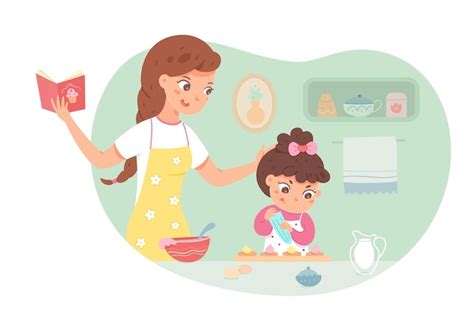 Niño Ayudando A Mamá A Cocinar Niña Ayuda A Mamá A Preparar Pasteles