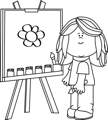 Clip Art Black And White Black And White Girl Painting On Easel Clip