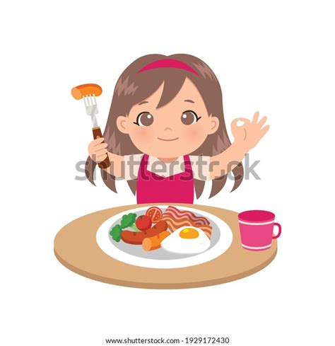 Cute Girl Eating Breakfast Hand Showing Stock Vector Royalty Free 1929172430