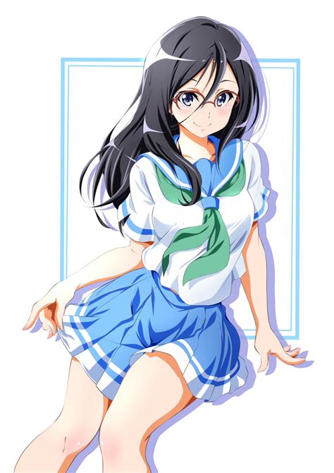 Safebooru 1girl Bangs Black Hair Blue Skirt Border Breasts Closed Mouth Feet Out Of Frame
