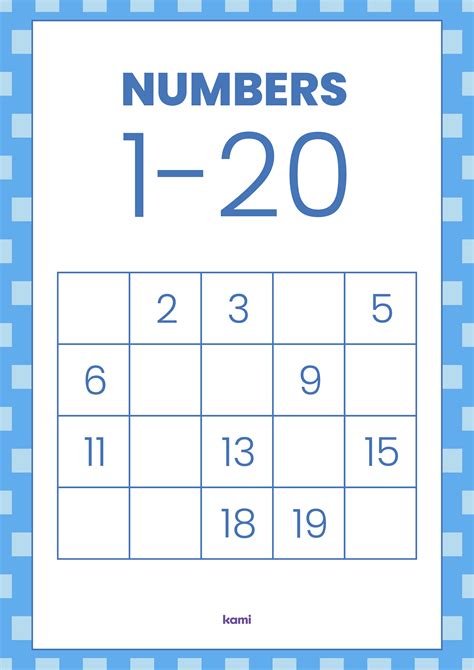 Number Chart Fill In The Blanks 1 20 Blue For Teachers Perfect For