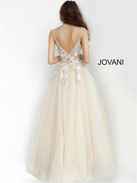 Jovani Nude Floral Applique Plunging Neck Prom Gown