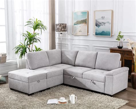 Merax 86” Linen Reversible Sectional Couch With Pull Out Sleeper L