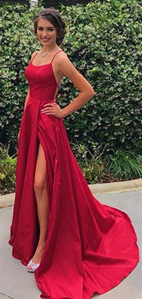 Red Sexy Side Slit Spaghetti Straps Cheap Long Evening Prom Dresses C