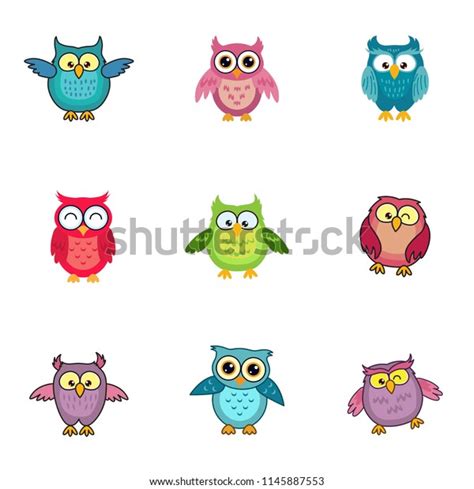 Set Cute Smiling Happy Owl Graphic Stock Vector Royalty Free 1145887553