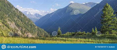 Mountain Valley Snow And Greens On The Slopes Summer Panorama Nature