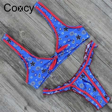 Coxcy 2018 Hot Sexy Bikinis Set V Neck Print Swimwear Women Beach
