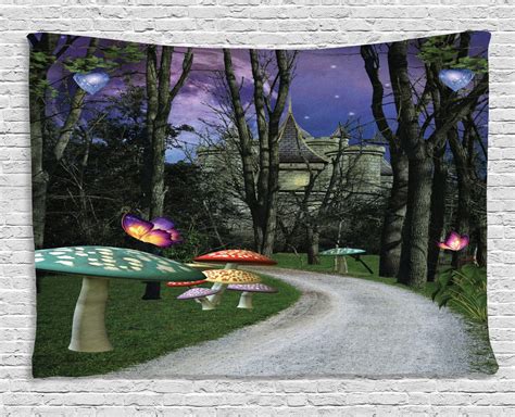 Fantasy Tapestry Enchanted Forest And Castle With Mushrooms Starry