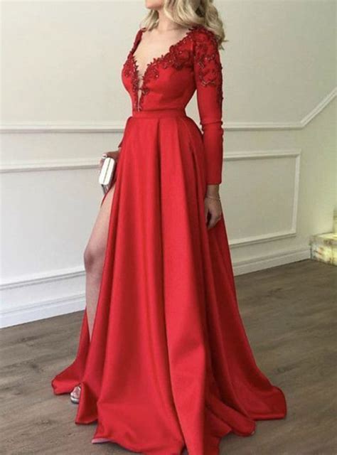 beautiful a line red satin deep v neck long sleeves prom dress with appliques … prom dresses