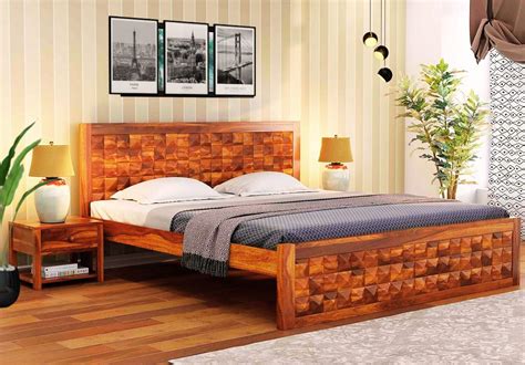 Pandit Furniture Art Sheesham Wood Queen Size Beds Without Storage Wooden Double Bed Living Room