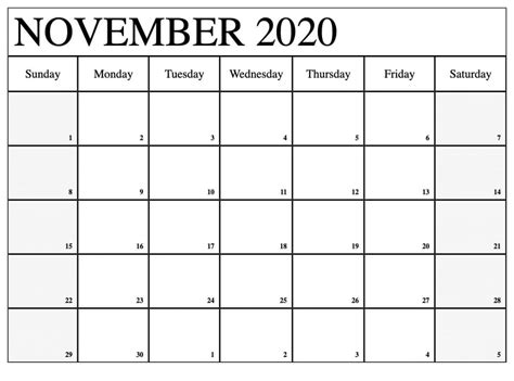 November 2020 Monthly Calendar Printable Blank Wishes Images