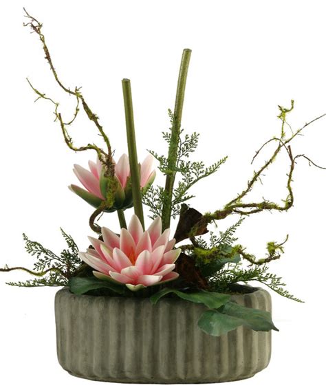Artificial Pink Water Lily With Galax Leaves In Oval Ceramic Planter