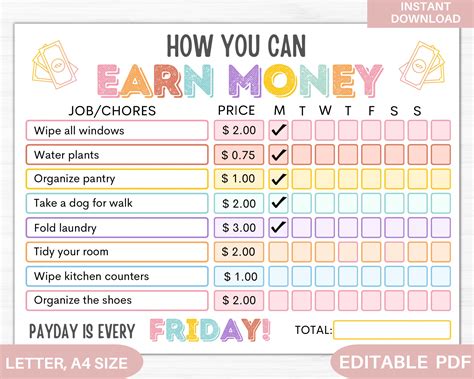 Printable Chore Chart With Allowance - Etsy