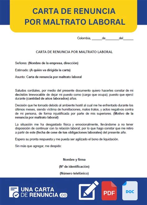 Carta De Renuncia Por Maltrato Laboral Plantillas