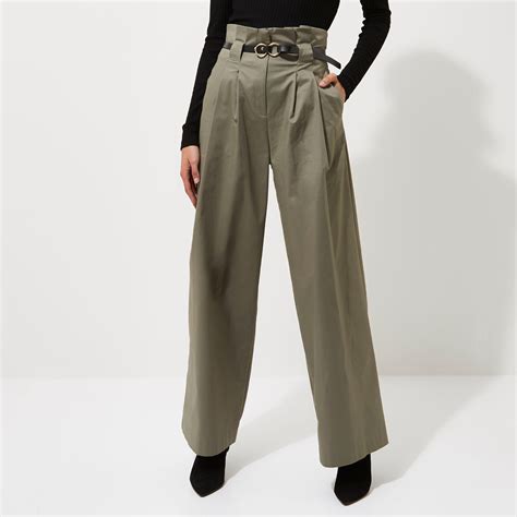 River Island Synthetic High Waisted Belted Wide Leg Trousers In Khaki Natural Lyst