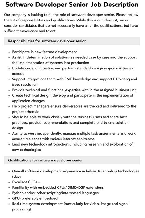 Software Developer Senior Job Description Velvet Jobs