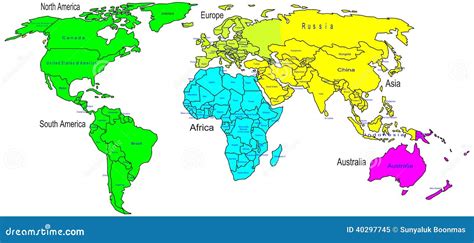 Nombre De Los Continentes Y De País Del Mapa De Color Del Mundo