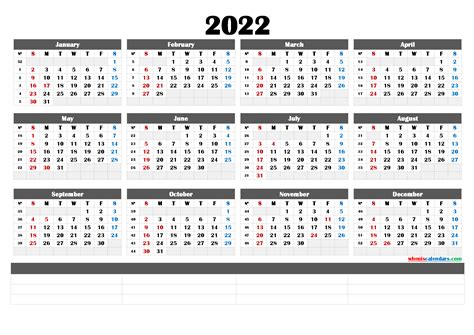 2022 Yearly Calendar Printable One Page Free 2022 Excel Calendar