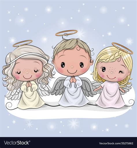 Three Cute Cartoon Christmas Angels On A Blue Background Download A