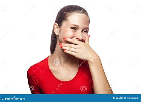 Emotional Woman With Red T Shirt And Freckles Stock Image Image Of