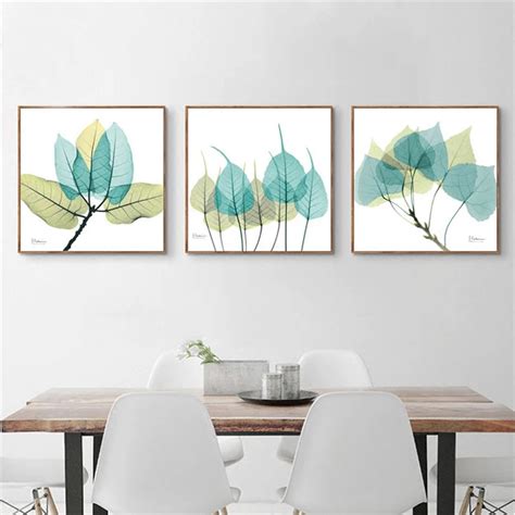 Modern Nordic Blue Green Leaves Abstract Plant Canvas Painting