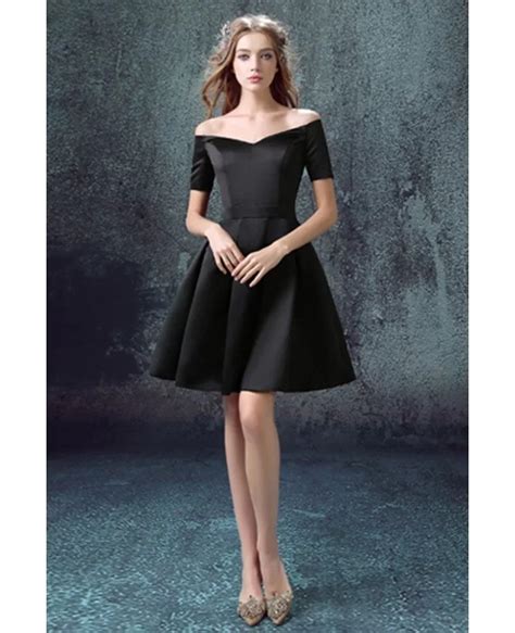 little black cocktail prom dress with off shoulder sleeves agp18370
