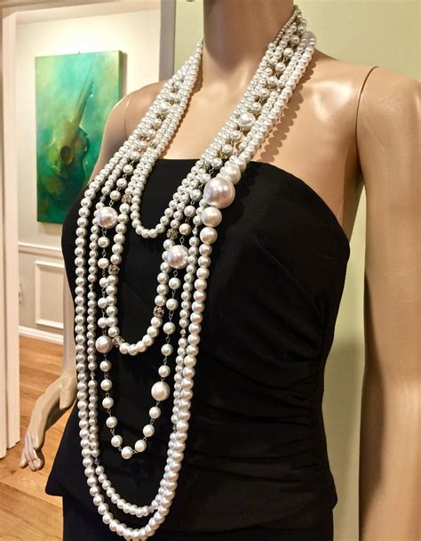 Extra Long Glass Pearl Necklace Five Layers Pearl Necklace Etsy In White Pearl