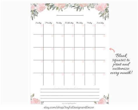 Blank Monthly Calendar With Flowers Printable Floral Etsy