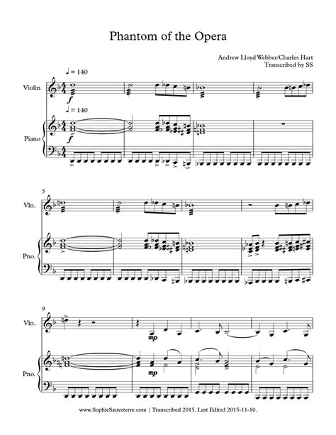 Phantom Of The Opera Andrew Lloyd Webber Violin And Piano Arrangement Sophie Sauveterre