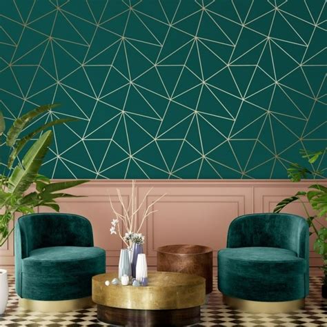 Zara Shimmer Metallic Geometric Wallpaper Emerald Gold Living Room