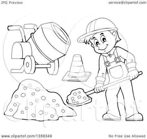 Clipart Of A Cartoon Black And White Male Construction Worker Shoveling