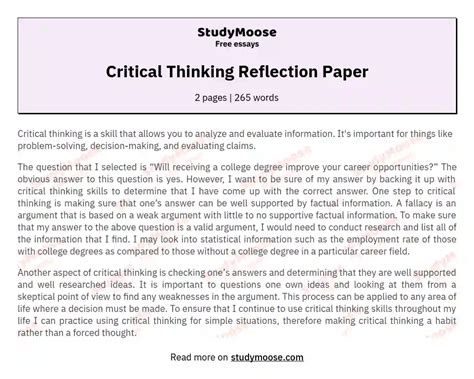Critical Thinking Reflection Paper Free Essay Example