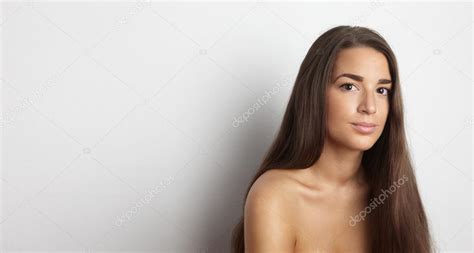 Portrait Handsome Pretty Young Woman Long Hair Empty White Background