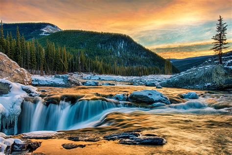 Forest Mountain River Waterfall Canada Sunset Nature Hd
