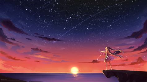 Night Sky Evening Astronomy Anime Girl Barefoot K Stars Starry