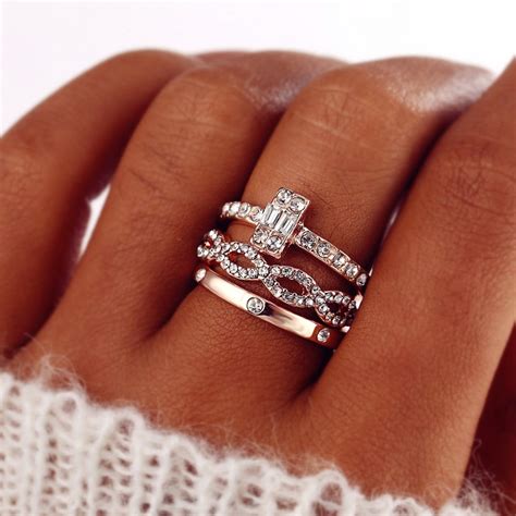 3pcsset Fashion Infinity Rings Set For Women Girls Crystal Twist Ring Couples Gold