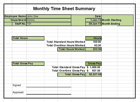 Monthly Timesheet Excel Template Addictionary