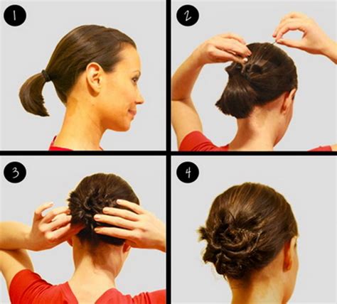 Even if you're going for a messy look, start by gathering the hair in a ponytail. Bun hairstyles for short hair