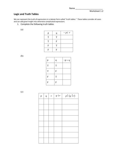 Truth Tables Worksheet Answers Promotiontablecovers
